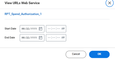 View URLs Web Service page showing fields for start date and end date parameters for generating report URL.