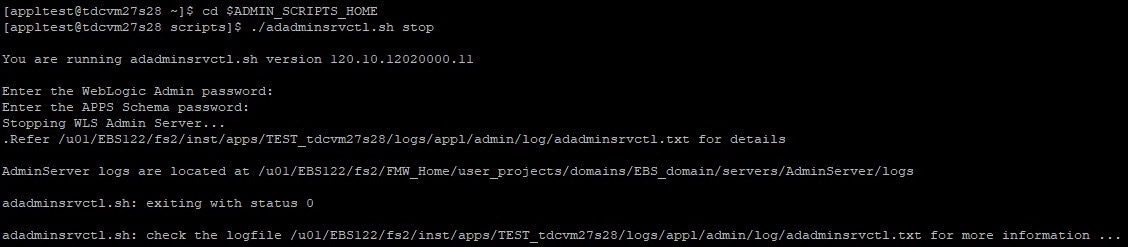 PuTTY terminal showing adadminsrvctl.sh start command output.