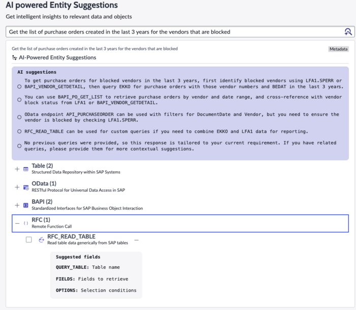 Entity suggestions listed based on text entered to describe the needed entity.