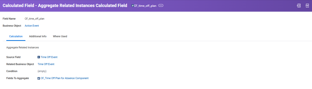 Calculated field configuration for CF_time_off_plan showing Time Off Event source field with CF_Time Off Plan for Absence Component aggregation.
