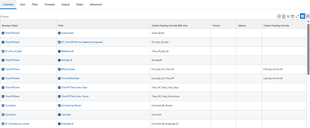 Report Columns tab showing 25 fields including Time Off Event, Action Event, Workday ID, Effective Date, and Comment fields with XML aliases.