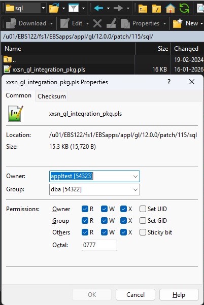 Properties dialog showing Octal permission set to 0777 for the .pls file.