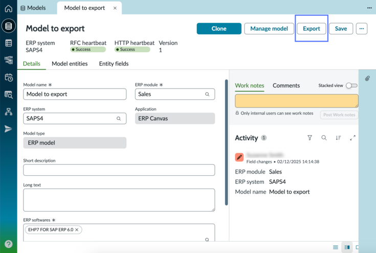 Model record with export button highlighted.