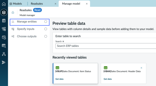 Manage model page with manage entities option highlighted.