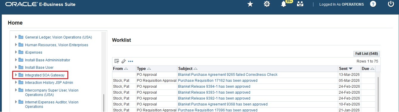Oracle EBS Home page with Integrated SOA Gateway highlighted in the navigation menu.