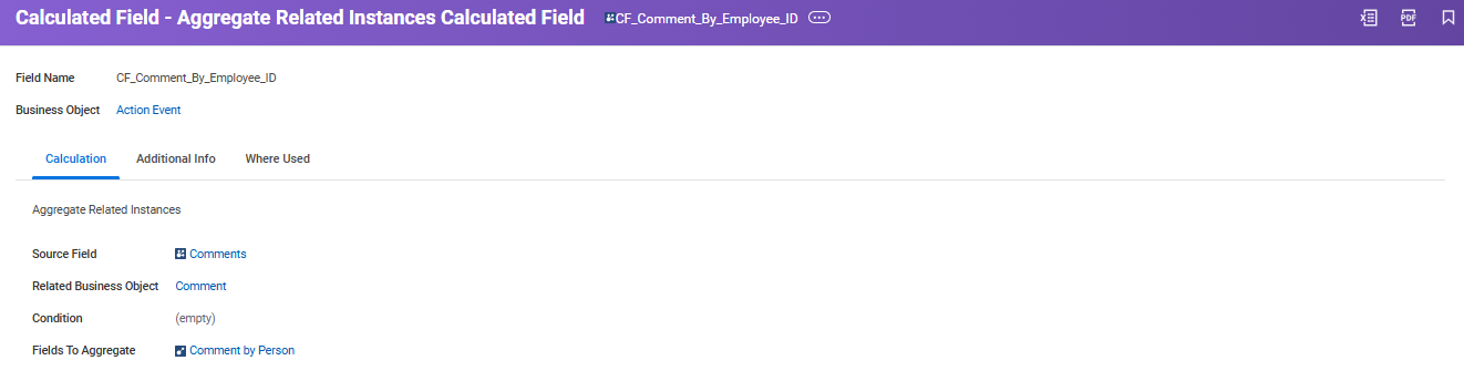 Configuring “CF_Comment_By_Employee_ID” calculated field for Action Event, showing Comment as source and Comment by Person as aggregate field.
