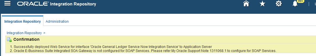 Confirmation banner showing the web service for Oracle General Ledger Service Now Integration Service was successfully deployed.