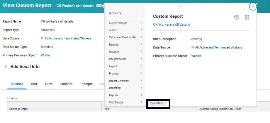 Web Service menu with View URLs