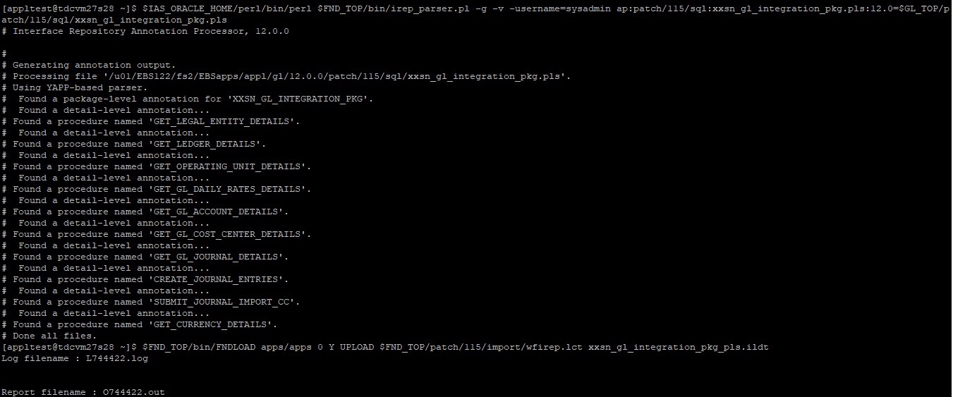PuTTY terminal showing FNDLOAD command with log filename and report filename output.