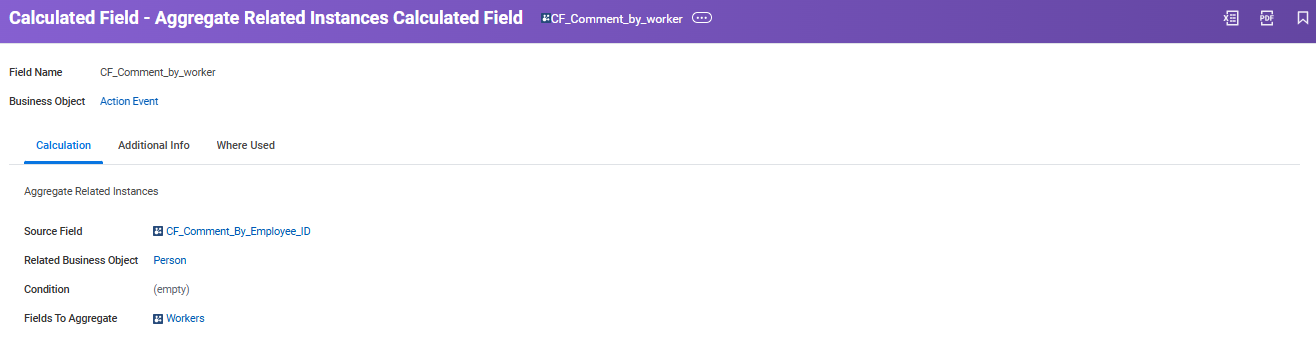Setting up “CF_Comment_by_worker” calculated field using “CF_Comment_By_Employee_ID” as source and Workers as aggregate field.