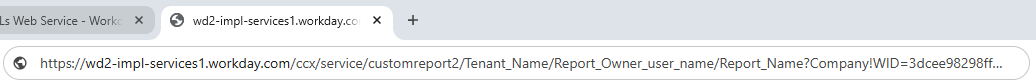 Browser tab with generated RaaS URL for spend authorization report, showing Workday tenant base URL and report parameters.