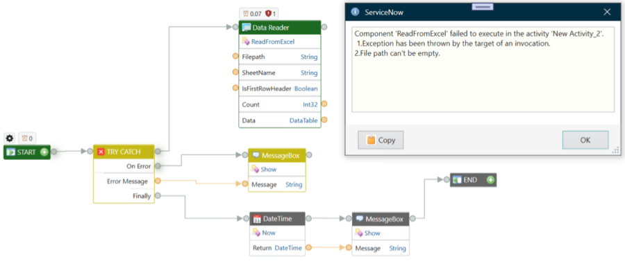 Example of exception handling in the Try Catch block.