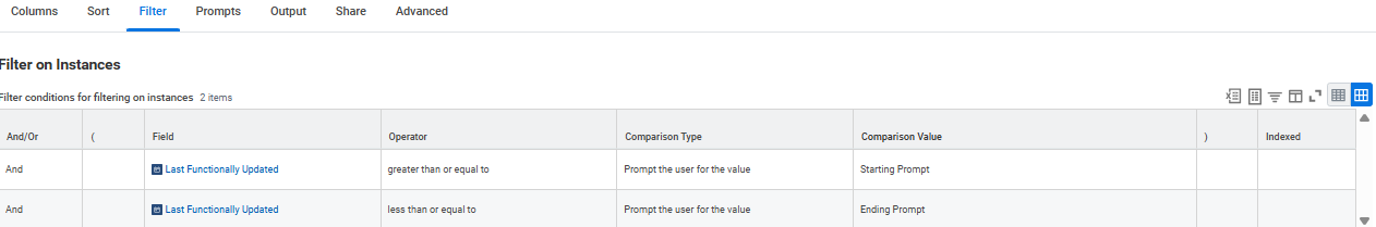 Prompts tab displaying Runtime Date Prompts configuration with Effective Date and Entry Date set to use date and time at runtime.