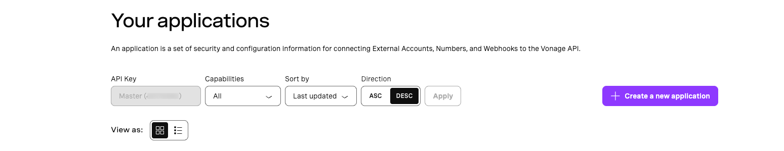 Creating an application in Vonage