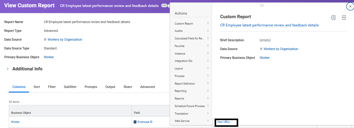 View URLs option in the View Custom Report