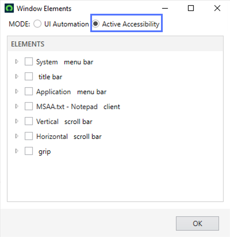 Displays elements in the Active Accessibility mode for a Notepad.