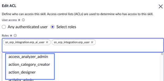 Edit ACL modal with roles drop-down list displayed.