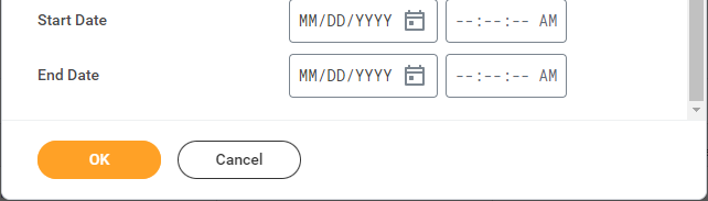 Report prompt dialog continued, showing Start Date and End Date parameters with OK and Cancel buttons.