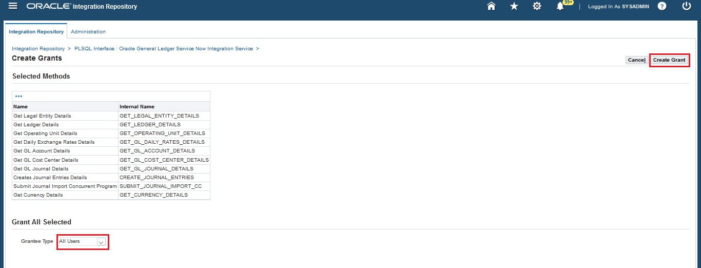 Create Grants page showing selected methods and Grantee Type set to All Users.