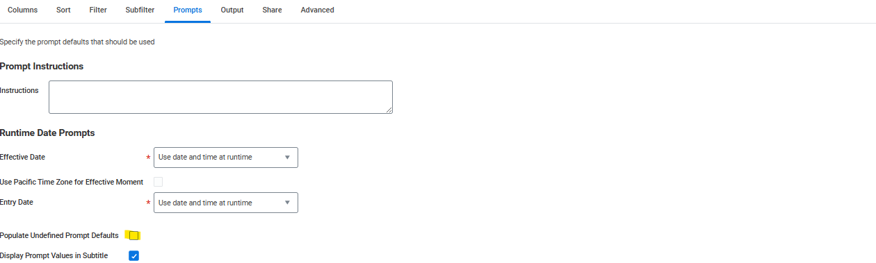 Prompt Defaults table showing 10 fields including Business Processes, Transaction Status, and date filters with XML aliases and default values.