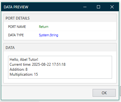 Result is displayed in the Data Out port of the InvokeScript method.