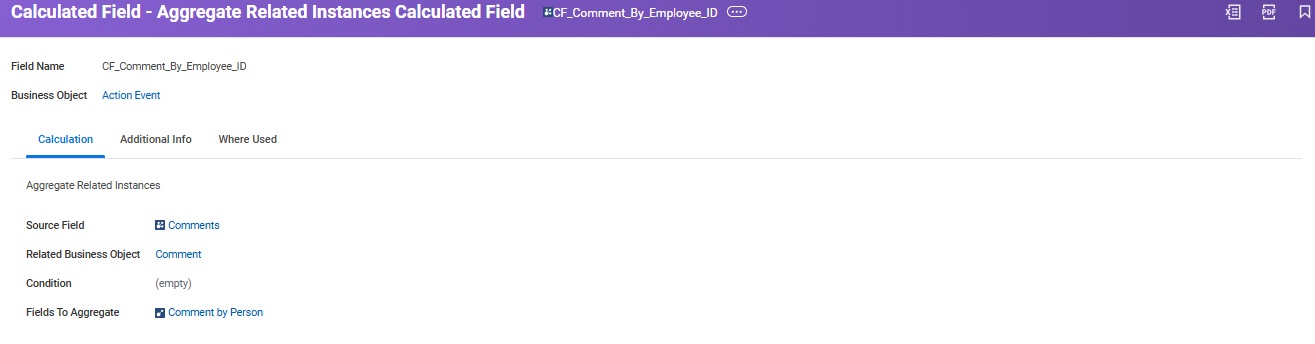 Configuring “CF_Comment_By_Employee_ID” calculated field for Action Event, showing Comment as source and Comment by Person as aggregate field.