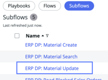 List of subflows containing ERP DP in the name with ERP DP material update highlighted.