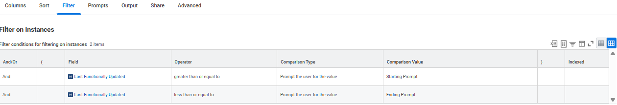 Filter tab showing conditions for Last Functionally Updated field, using starting and ending prompts for comparison values.