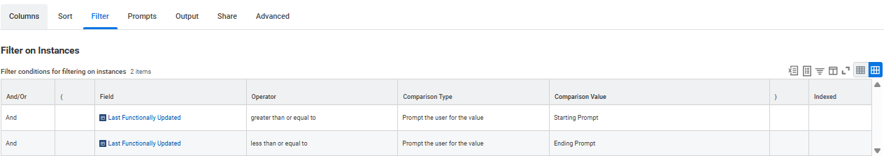 Filter section for report instances, showing parenthesis and filter conditions for Leave Functionality Updated On.