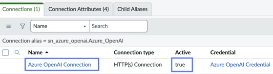 Azure OpenAI connection and credential alias record with connections tab displayed showing one active connection.