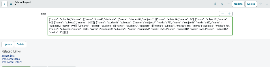 The import set row with the record saved as a single JSON column.