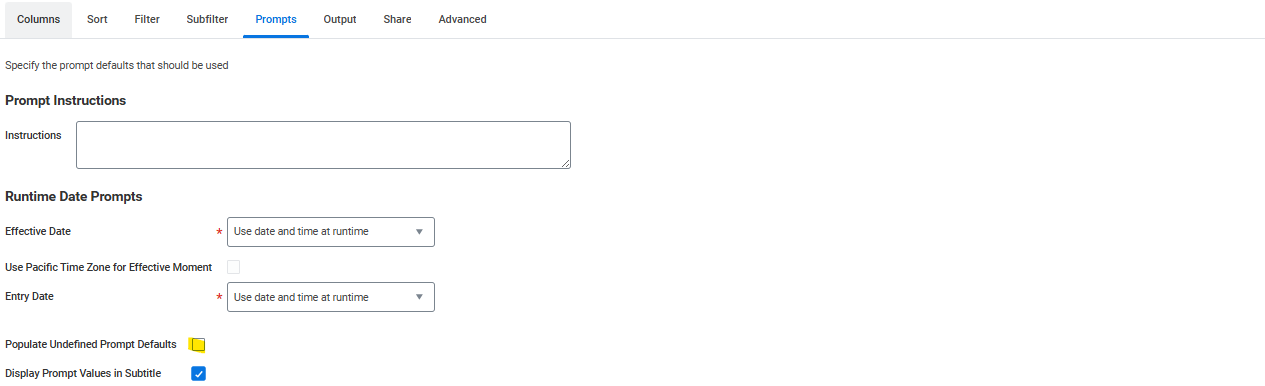 Prompts section showing Populate Undefined Prompt Defaults checkbox selected.