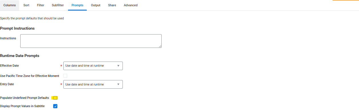 Prompts tab with runtime date prompts