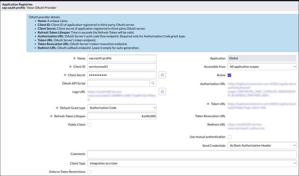Application registry form with fields containing information.