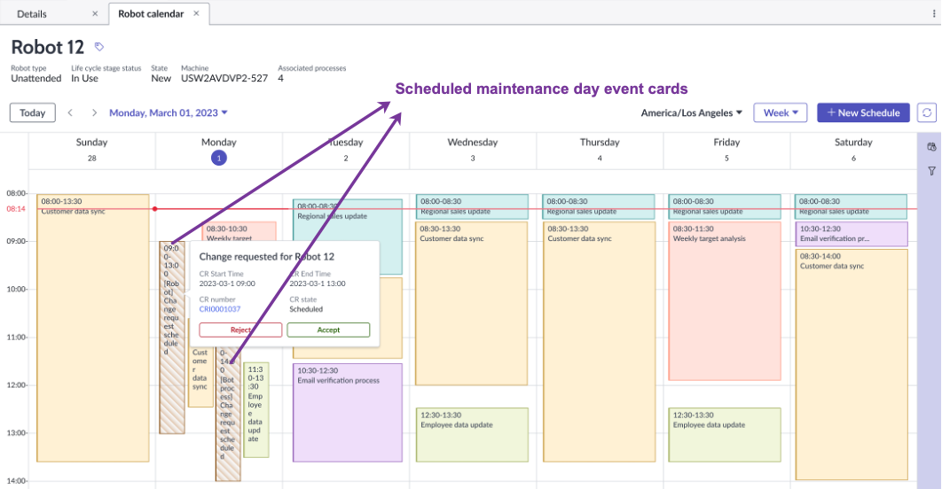 Snapshot of scheduled maintenance day event cards on robot calendar.