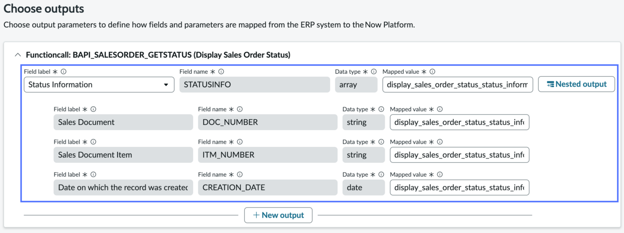 Table expanded to show outputs with a nested output highlighted.