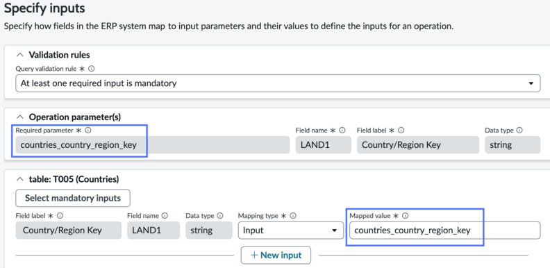 Specify inputs page with required parameter and mapped value fields highlighted.