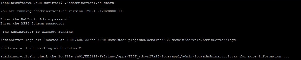PuTTY terminal showing adadminsrvctl.sh status output confirming the AdminServer is running.