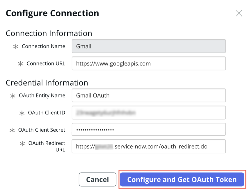 Gmail connection form.