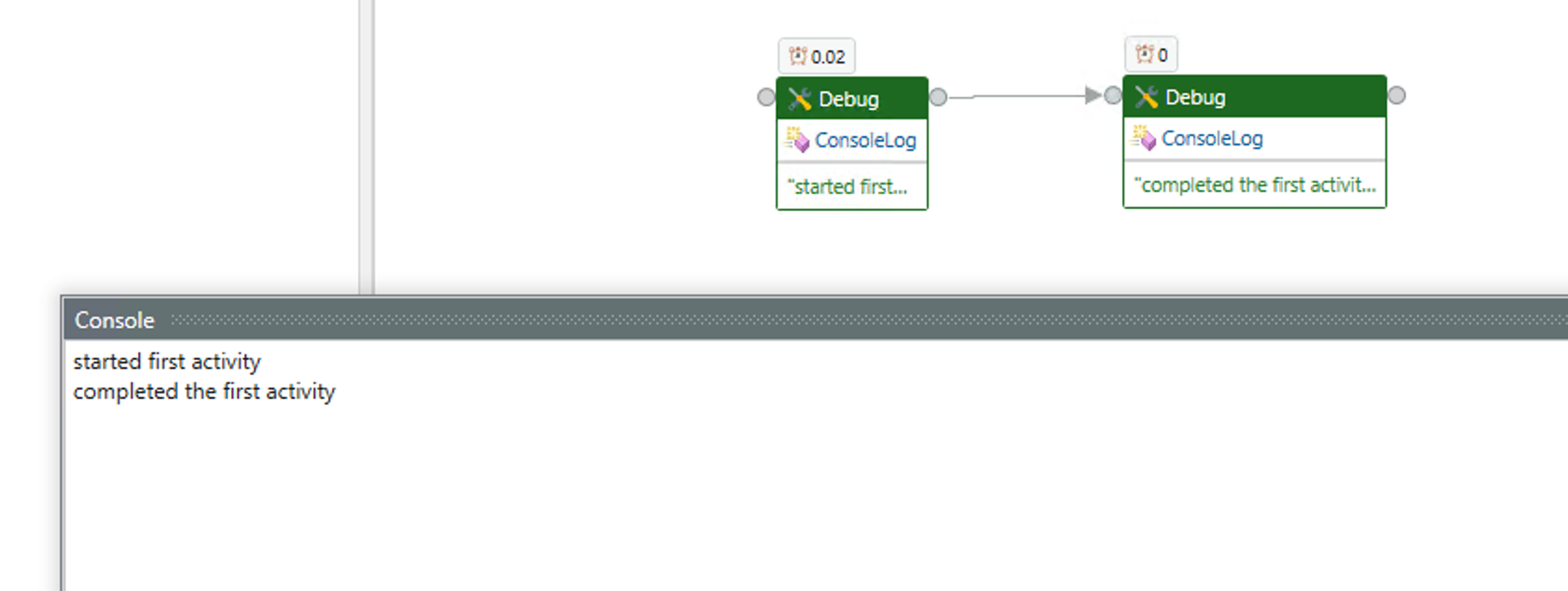 Console displaying messages provided in the ConsoleLog component.