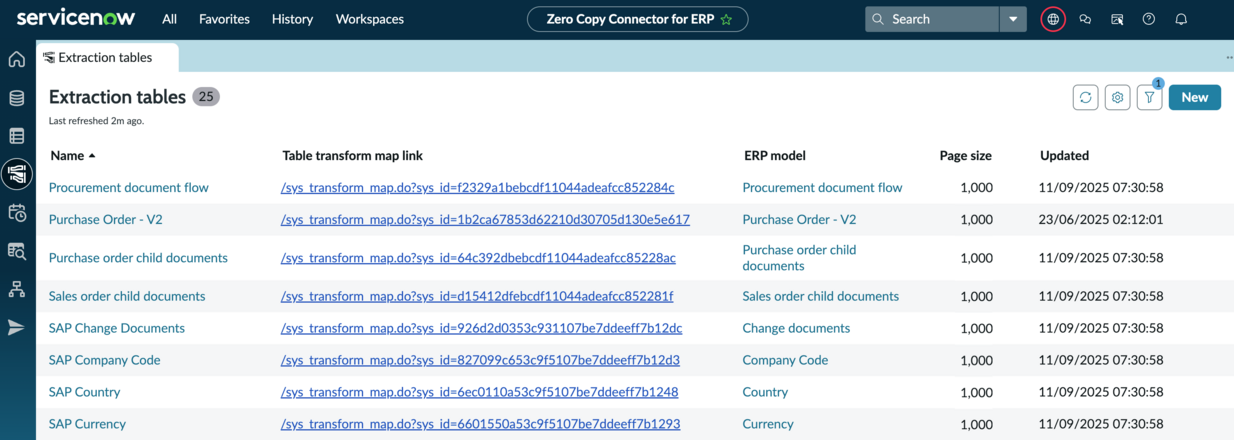 Zero copy connector for ERP extraction tables tab displaying a list of several extraction tables.