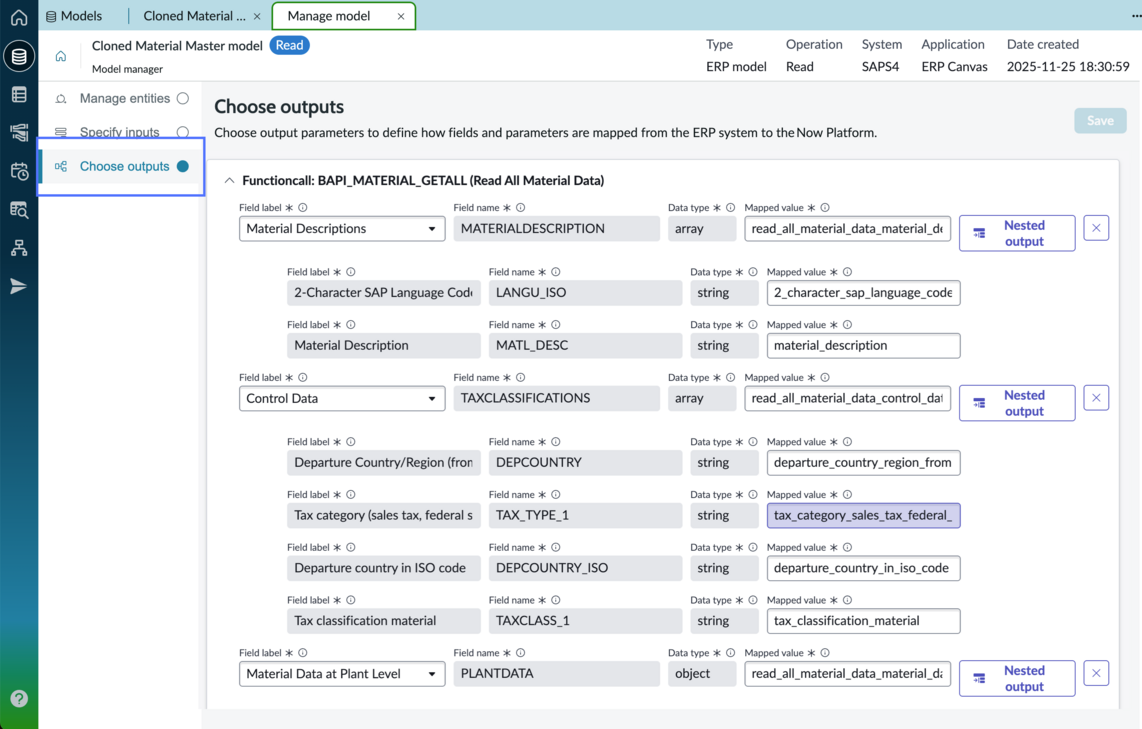 Manage model tab with choose outputs page displayed.