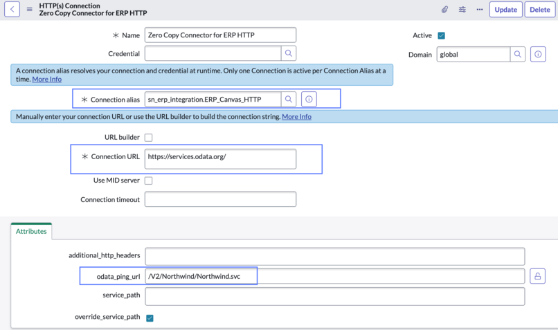 Http connection record with key fields highlighted.
