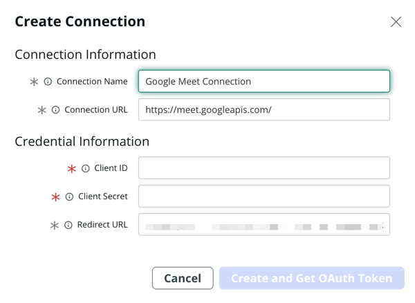 Create Connection form.