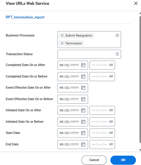 View URLs Web Service page showing fields for start date and end date parameters for generating report URL.
