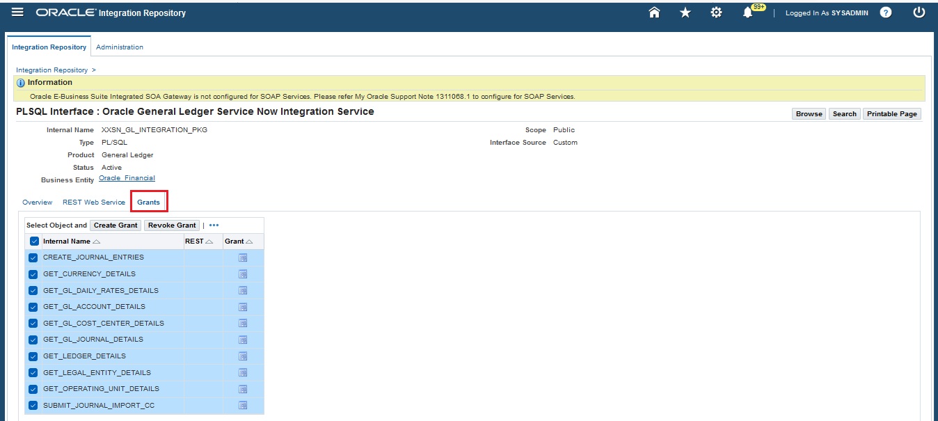 Grants tab showing all service methods selected and the Create Grant button.