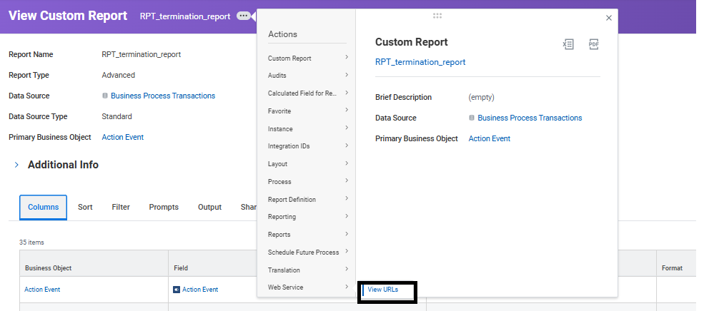 View URLs Web Service page showing fields for business process, transaction status, and date parameters for generating report URL.