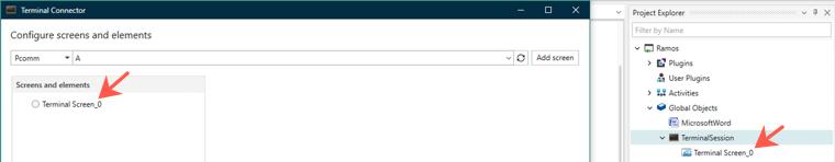 PCOMM emulator screen added in the Screens and elements pane and under the TerminalSession object in the Project Explorer pane.