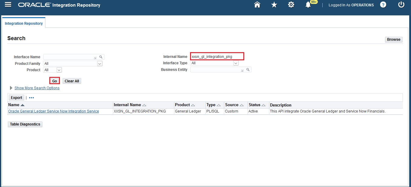 Integration Repository search page with xxsn_gl_integration_pkg entered in the Internal Name field.