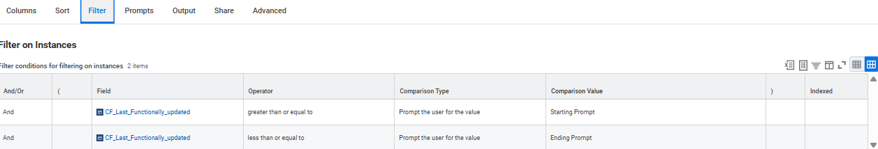 Filter section for report instances, showing conditions for Last Functionally Updated field with starting and ending prompt values.